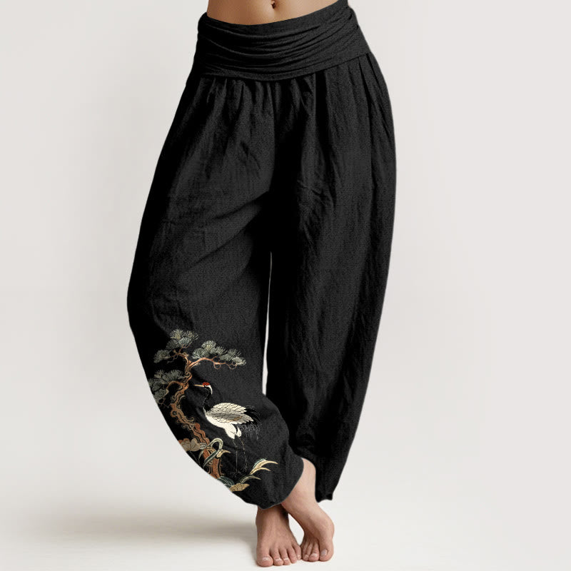Pantalon harem à taille élastique pour femme, en pur coton, motif Buddha Stones, grues, pins, fleurs et herbes - Noir - US16，UK/AU20，EU48 (3XL) - image 5