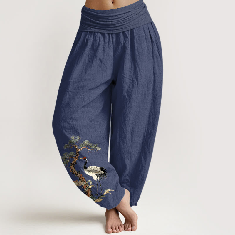 Pantalon harem à taille élastique pour femme, en pur coton, motif Buddha Stones, grues, pins, fleurs et herbes - Bleu ardoise foncé - US16，UK/AU20，EU48 (3XL) - image 8
