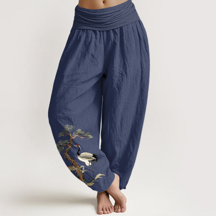 Pantalon harem à taille élastique pour femme, en pur coton, motif Buddha Stones, grues, pins, fleurs et herbes - Bleu ardoise foncé - US16，UK/AU20，EU48 (3XL) - image 8