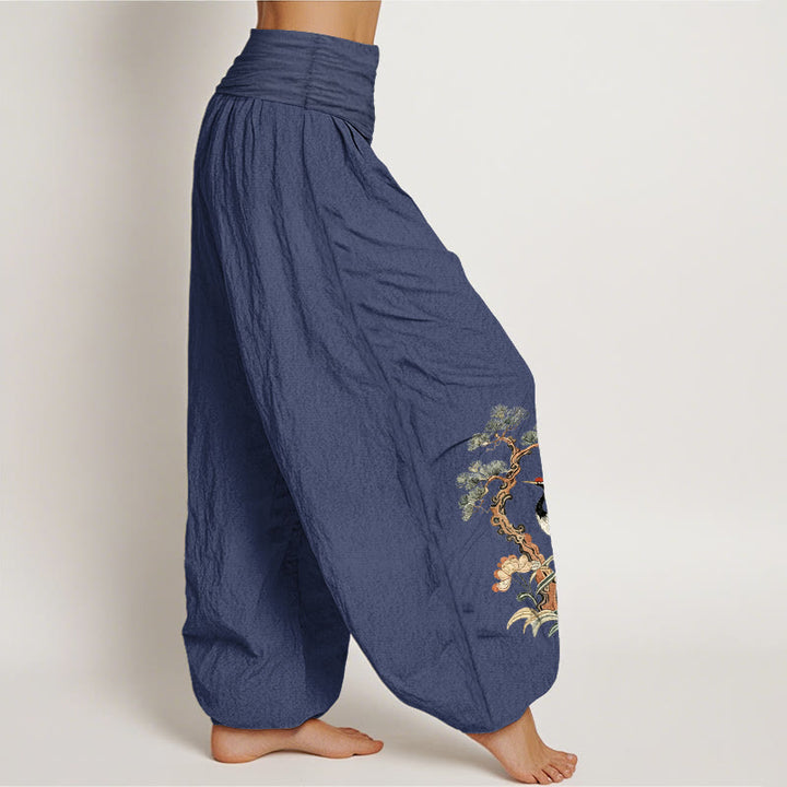 Pantalon harem à taille élastique pour femme, en pur coton, motif Buddha Stones, grues, pins, fleurs et herbes - image 10