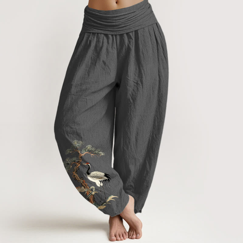 Pantalon harem à taille élastique pour femme, en pur coton, motif Buddha Stones, grues, pins, fleurs et herbes - Gris terne - US16，UK/AU20，EU48 (3XL) - image 11
