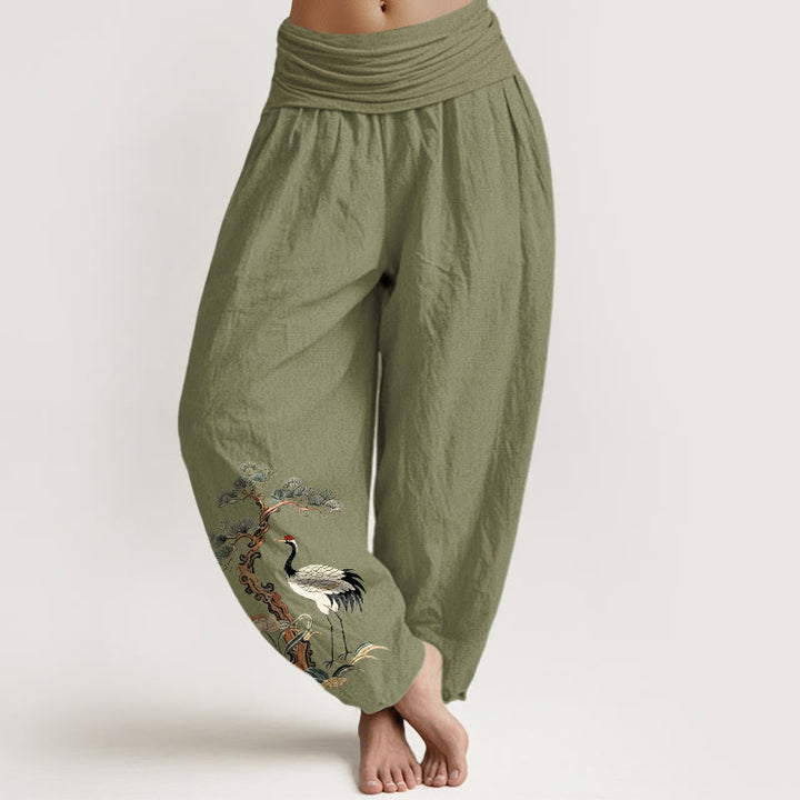Pantalon harem à taille élastique pour femme, en pur coton, motif Buddha Stones, grues, pins, fleurs et herbes - Vert olive - US16，UK/AU20，EU48 (3XL) - image 14