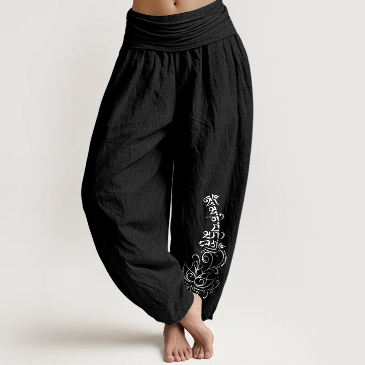 Pantalon harem pour femme en pur coton, motif lotus simple Om Mani Padme Hum, avec taille élastique, Buddha Stones - Noir - US16，UK/AU20，EU48 (3XL) - image 0