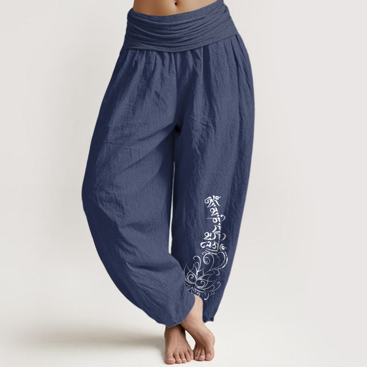 Pantalon harem pour femme en pur coton, motif lotus simple Om Mani Padme Hum, avec taille élastique, Buddha Stones - Bleu ardoise foncé - US16，UK/AU20，EU48 (3XL) - image 5