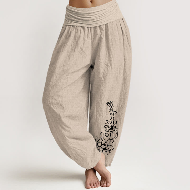 Pantalon harem pour femme en pur coton, motif lotus simple Om Mani Padme Hum, avec taille élastique, Buddha Stones - Tanné - US16，UK/AU20，EU48 (3XL) - image 11