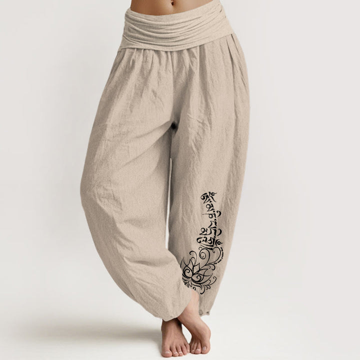 Pantalon harem pour femme en pur coton, motif lotus simple Om Mani Padme Hum, avec taille élastique, Buddha Stones - Tanné - US16，UK/AU20，EU48 (3XL) - image 11