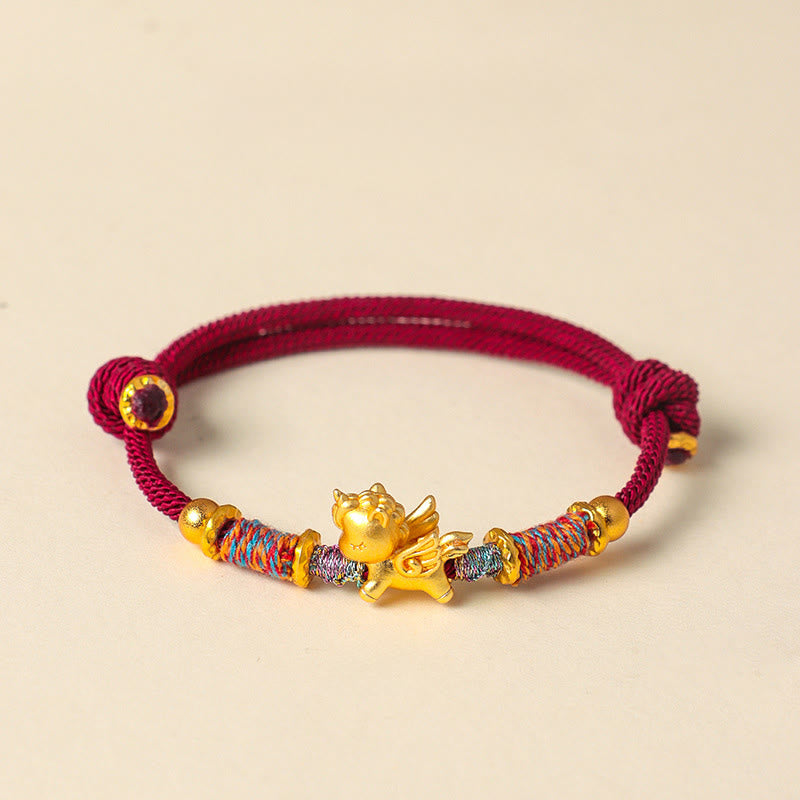 Bracelet de protection en corde tressée dorée plaquée or et or, orné de pierres de Buddha Stones , année du Cheval - Cordon rouge foncé (Tour de poignet : 15-18 cm) - image 1