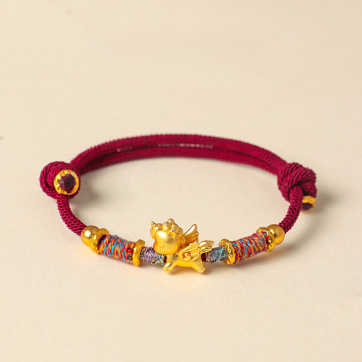 Bracelet de protection en corde tressée dorée plaquée or et or, orné de pierres de Buddha Stones , année du Cheval - Cordon rouge foncé (Tour de poignet : 15-18 cm) - image 1
