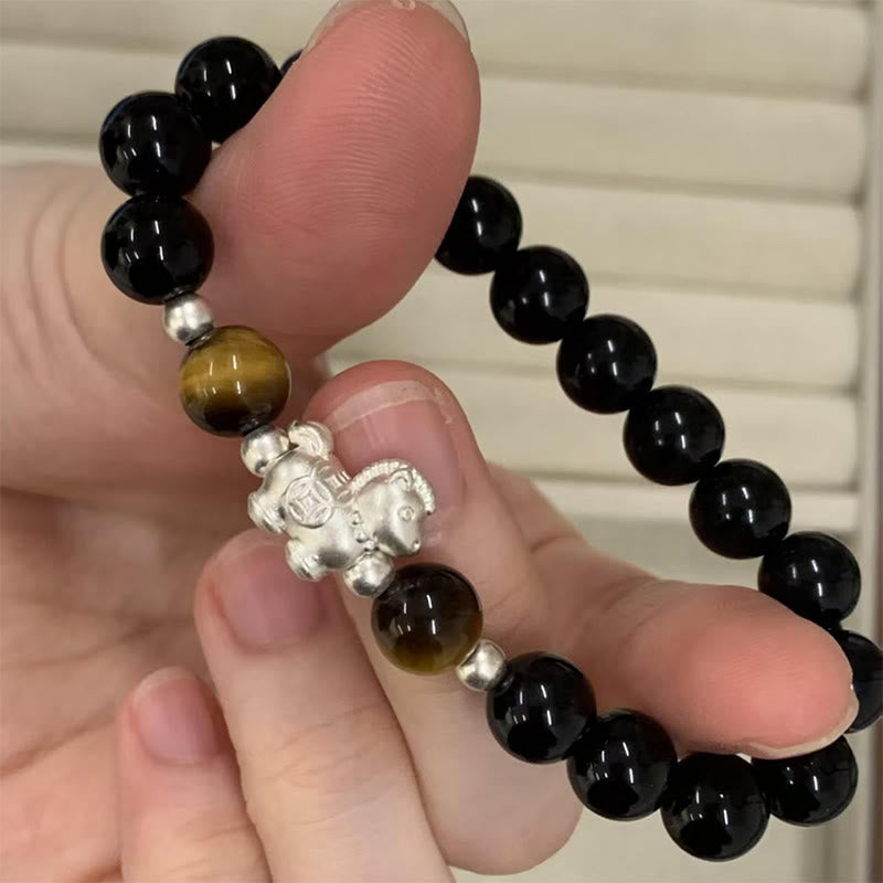 Bracelet de force en argent sterling 999 avec breloque cheval en obsidienne noire et œil de tigre , Buddha Stones , année du Cheval - image 1