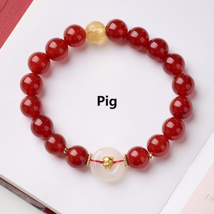 Bracelet de la paix en agate rouge et calcédoine blanche, symbole de l'année du Cheval, avec Buddha Stones et boucle de boucle. - Cochon - image 31