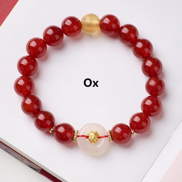 Bracelet de la paix en agate rouge et calcédoine blanche, symbole de l'année du Cheval, avec Buddha Stones et boucle de boucle. - Bœuf - image 12