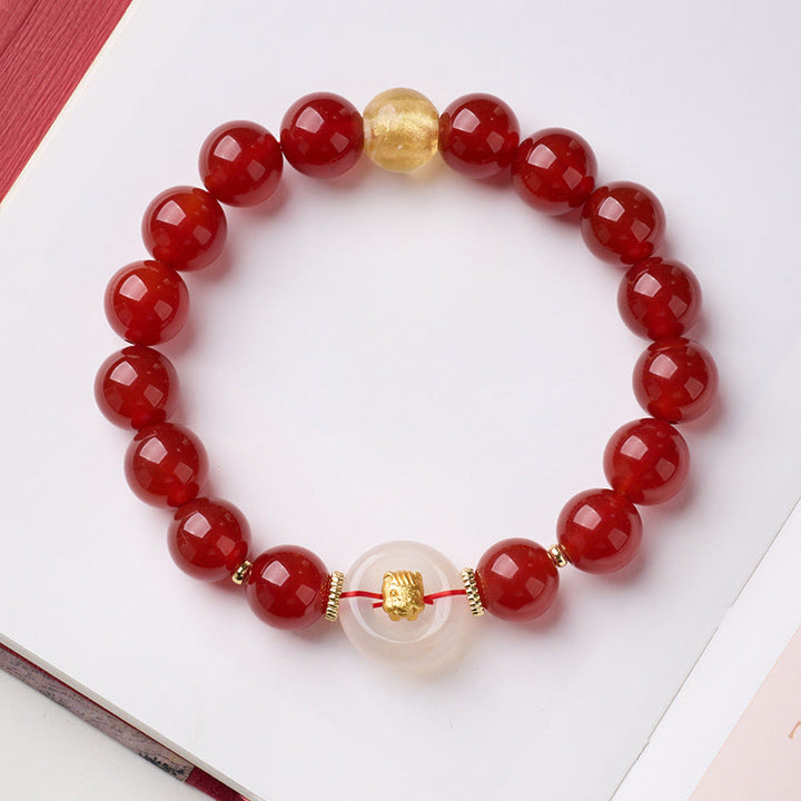 Bracelet de la paix en agate rouge et calcédoine blanche, symbole de l'année du Cheval, avec Buddha Stones et boucle de boucle. - Cheval - image 0