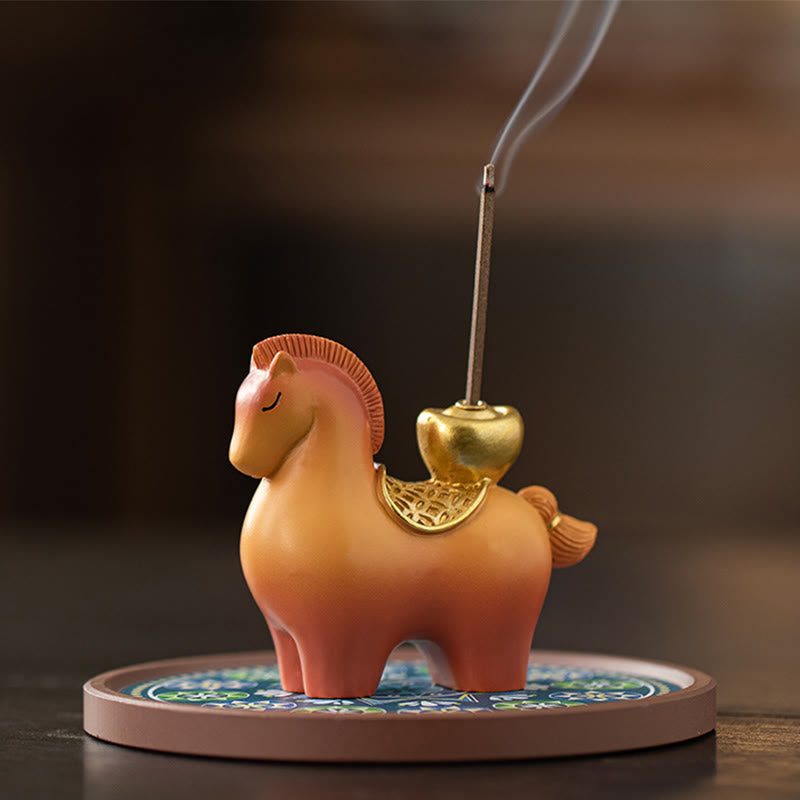 Buddha Stones Année du Cheval 2026 Lingot du Nouvel An Attirer la Richesse Décoration d'intérieur Brûleur d'encens - Brûleur d'encens en forme de lingot de cheval, base bleue (10*10*6cm) - image 3