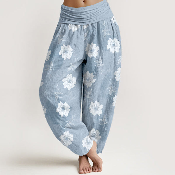 Pantalon harem à taille élastique pour femme, en pur coton, motif fleurs blanches et herbe, Buddha Stones - Bleu ciel clair - US16，UK/AU20，EU48 (3XL) - image 0