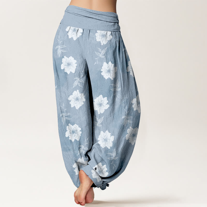 Pantalon harem à taille élastique pour femme, en pur coton, motif fleurs blanches et herbe, Buddha Stones - image 1