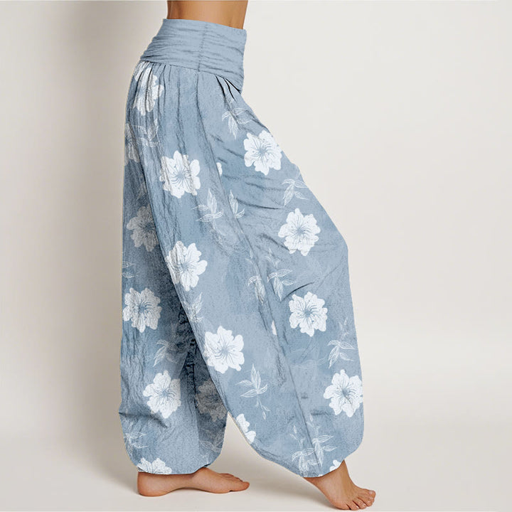 Pantalon harem à taille élastique pour femme, en pur coton, motif fleurs blanches et herbe, Buddha Stones - image 2