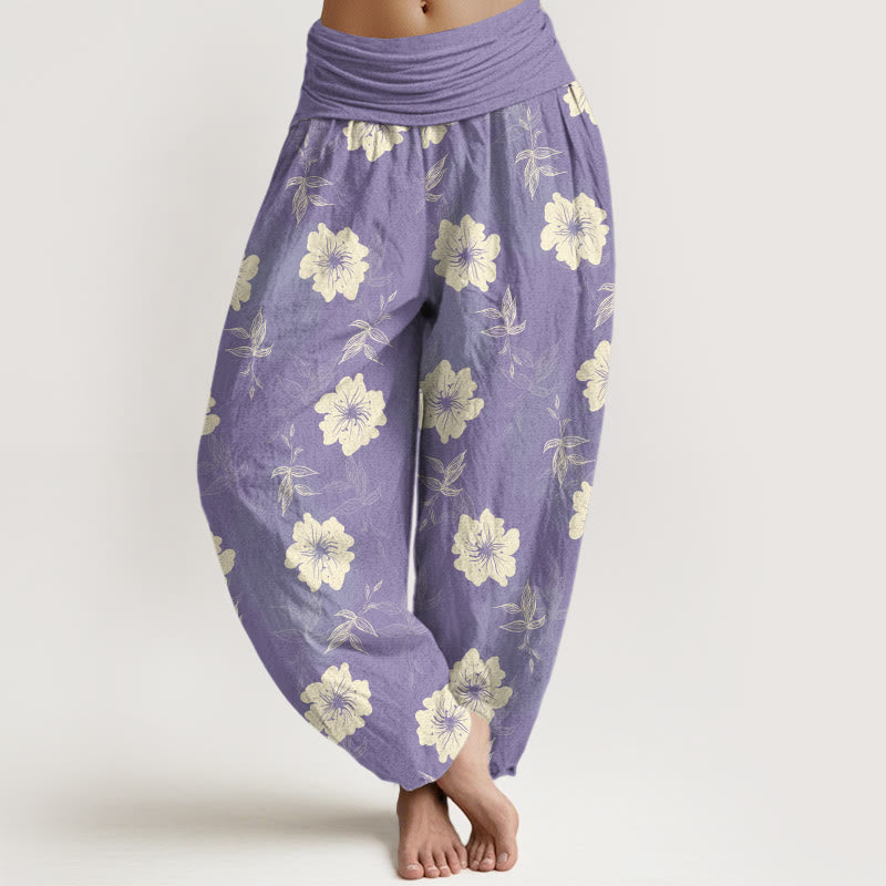 Pantalon harem à taille élastique pour femme, en pur coton, motif fleurs blanches et herbe, Buddha Stones - Prune - US16，UK/AU20，EU48 (3XL) - image 5