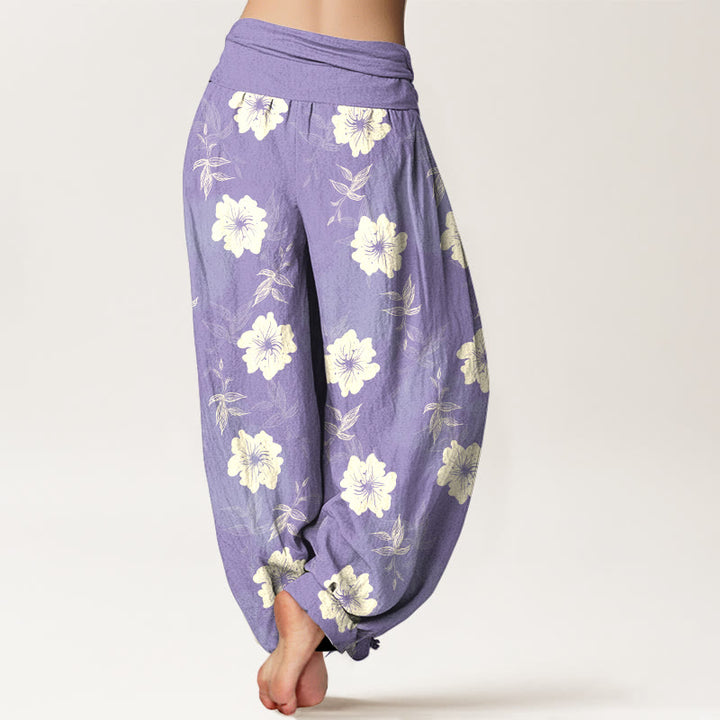 Pantalon harem à taille élastique pour femme, en pur coton, motif fleurs blanches et herbe, Buddha Stones - image 6