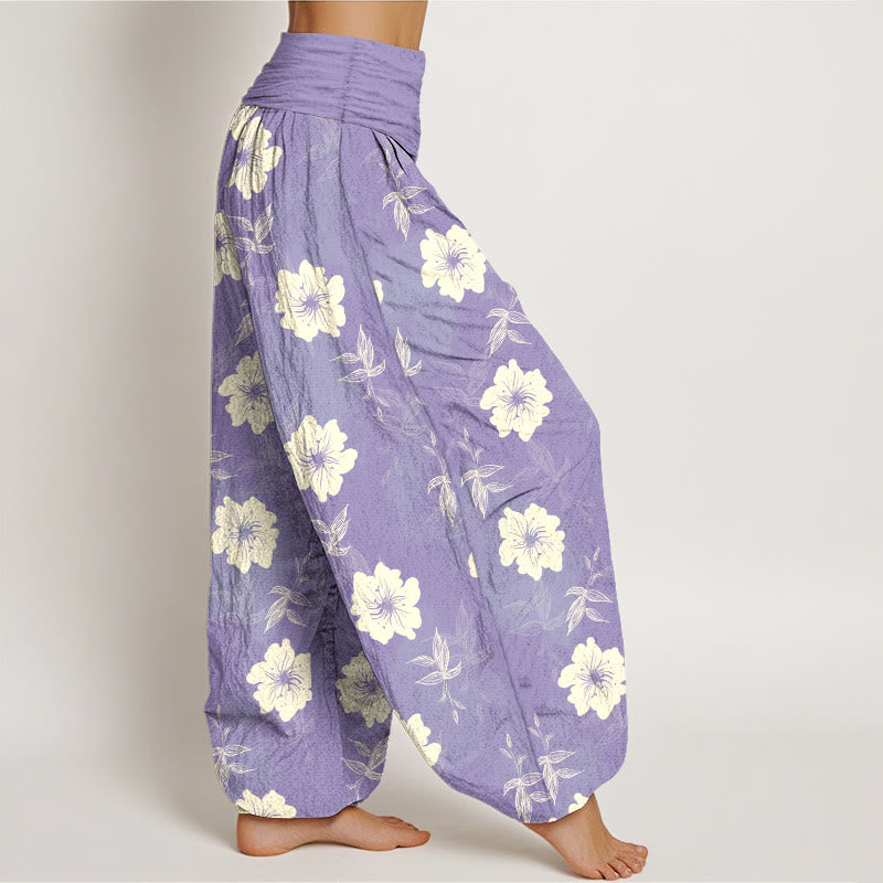 Pantalon harem à taille élastique pour femme, en pur coton, motif fleurs blanches et herbe, Buddha Stones - image 7