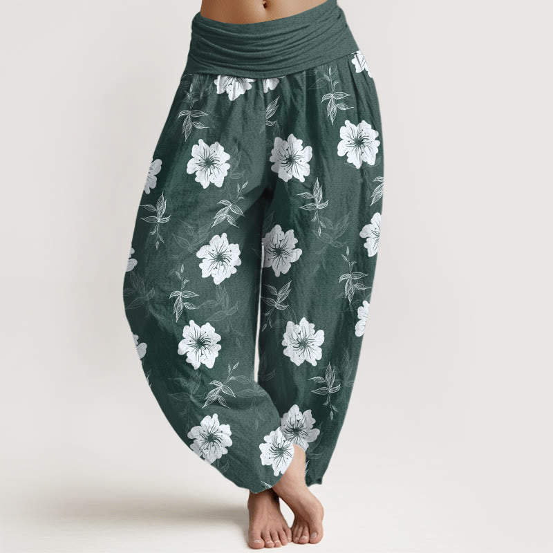Pantalon harem à taille élastique pour femme, en pur coton, motif fleurs blanches et herbe, Buddha Stones - Vert d'eau - US16，UK/AU20，EU48 (3XL) - image 8