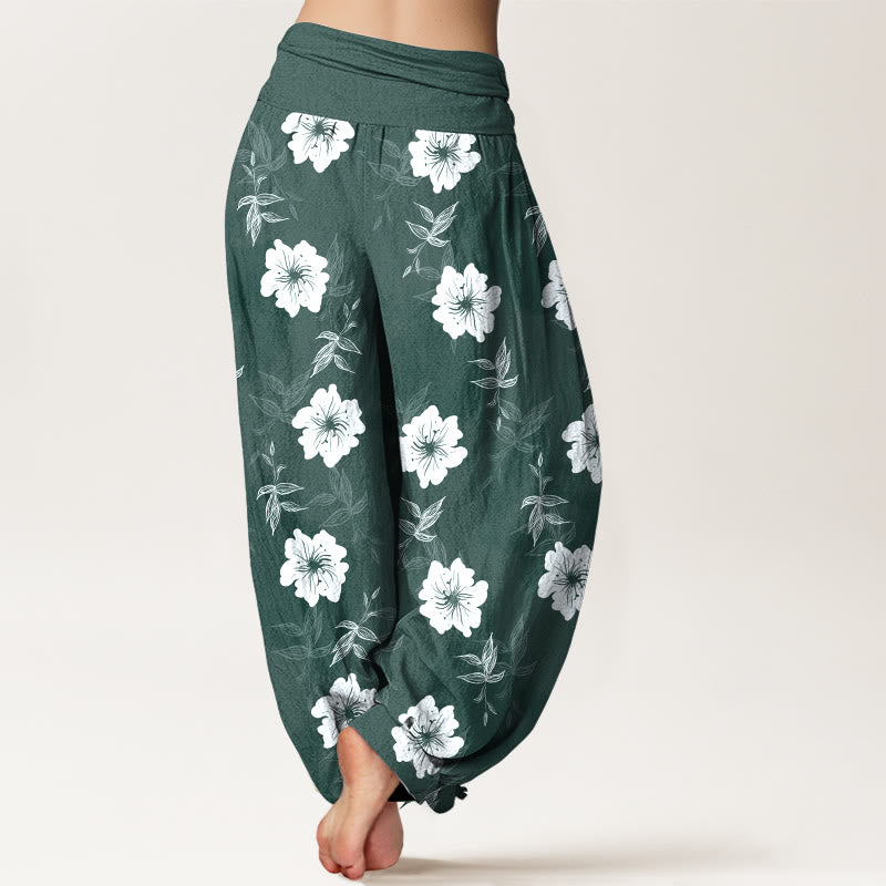 Pantalon harem à taille élastique pour femme, en pur coton, motif fleurs blanches et herbe, Buddha Stones - image 9