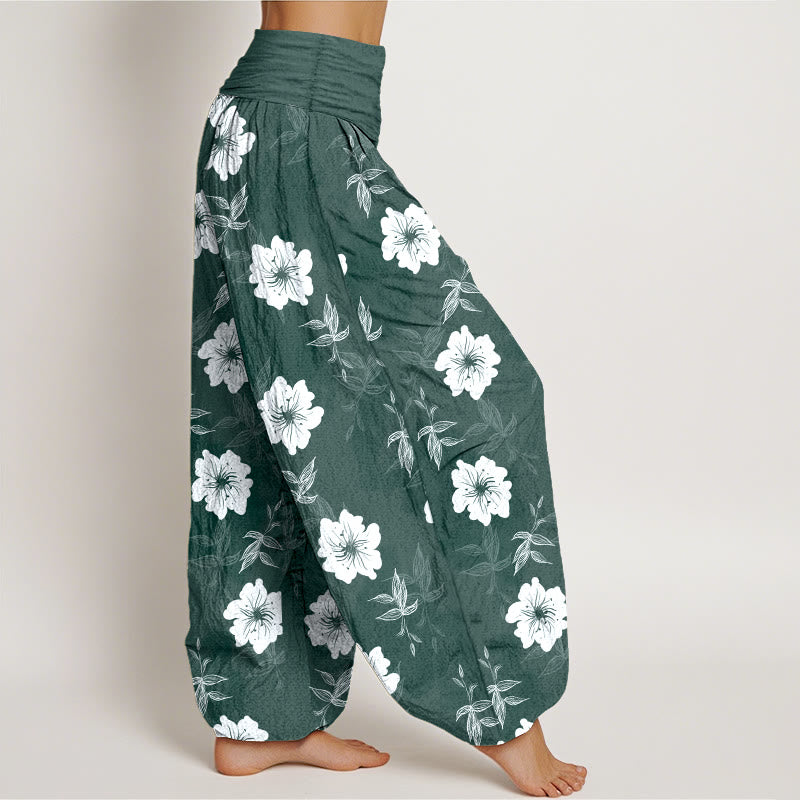 Pantalon harem à taille élastique pour femme, en pur coton, motif fleurs blanches et herbe, Buddha Stones - image 10