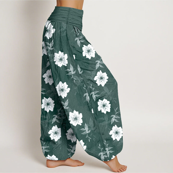 Pantalon harem à taille élastique pour femme, en pur coton, motif fleurs blanches et herbe, Buddha Stones - image 10