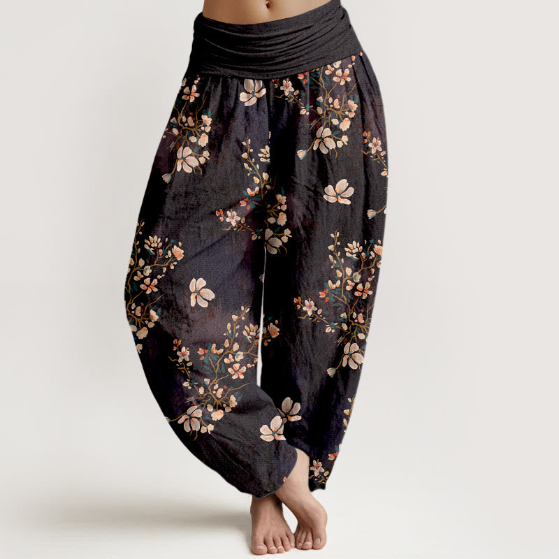 Pantalon harem taille élastique en pur coton à motif fleurs de cerisier et Buddha Stones - Noir - US16，UK/AU20，EU48 (3XL) - image 0