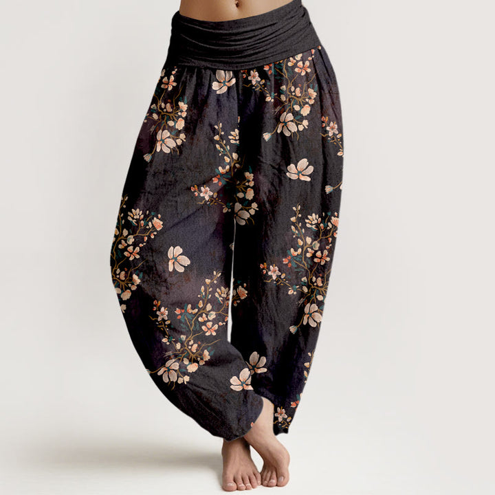 Pantalon harem taille élastique en pur coton à motif fleurs de cerisier et Buddha Stones - Noir - US16，UK/AU20，EU48 (3XL) - image 0
