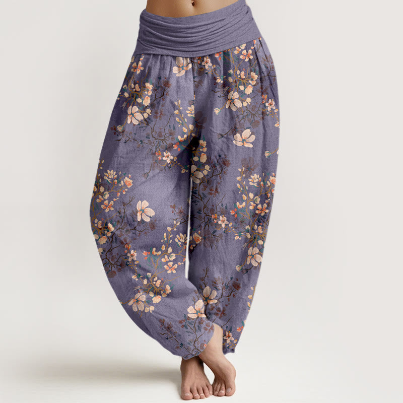 Pantalon harem taille élastique en pur coton à motif fleurs de cerisier et Buddha Stones - Violet moyen - US16，UK/AU20，EU48 (3XL) - image 5