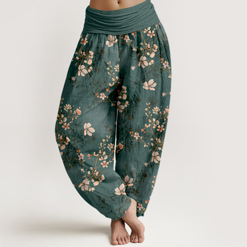 Pantalon harem taille élastique en pur coton à motif fleurs de cerisier et Buddha Stones - Sarcelle - US16，UK/AU20，EU48 (3XL) - image 8