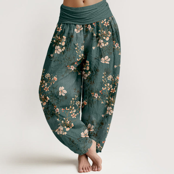 Pantalon harem taille élastique en pur coton à motif fleurs de cerisier et Buddha Stones - Sarcelle - US16，UK/AU20，EU48 (3XL) - image 8