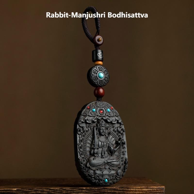 Buddha Stones, Zodiaque chinois, Bouddha natal, Année du Cheval, Om Mani Padme Hum, Lotus, Bénédiction en ébène, Porte-clés - Bodhisattva Lapin-Manjushri - image 1