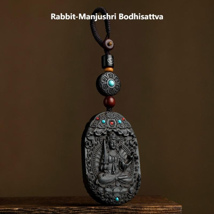 Buddha Stones, Zodiaque chinois, Bouddha natal, Année du Cheval, Om Mani Padme Hum, Lotus, Bénédiction en ébène, Porte-clés - Bodhisattva Lapin-Manjushri - image 1