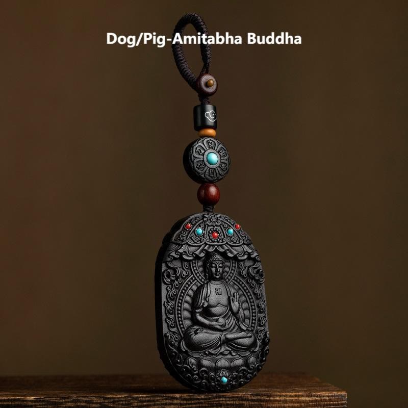 Buddha Stones, Zodiaque chinois, Bouddha natal, Année du Cheval, Om Mani Padme Hum, Lotus, Bénédiction en ébène, Porte-clés - Bouddha Chien/Cochon-Amitabha - image 26