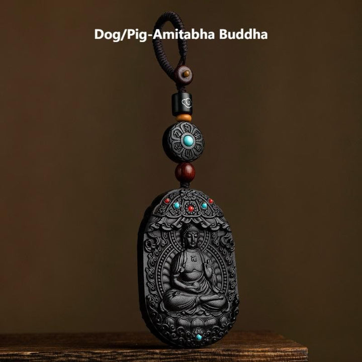 Buddha Stones, Zodiaque chinois, Bouddha natal, Année du Cheval, Om Mani Padme Hum, Lotus, Bénédiction en ébène, Porte-clés - Bouddha Chien/Cochon-Amitabha - image 26
