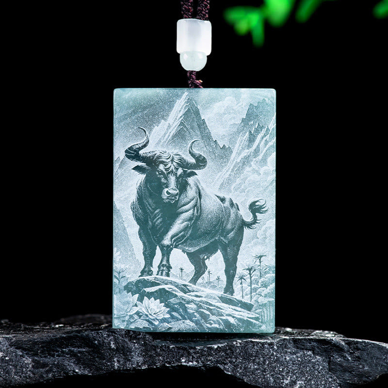 Buddha Stones Année du Cheval Zodiaque chinois Gravure Jade Collier Pendentifs Abondance - Bœuf - 60*40*4 mm - image 8