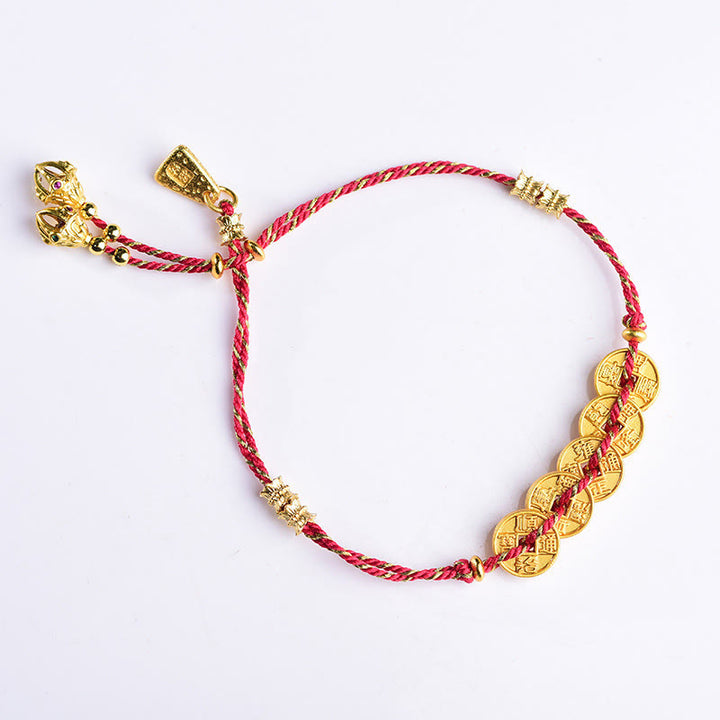 Bracelet en corde tressée à la main, Buddha Stones, de pièces des Cinq Empereurs et d'une balance en cuivre.  - image 10