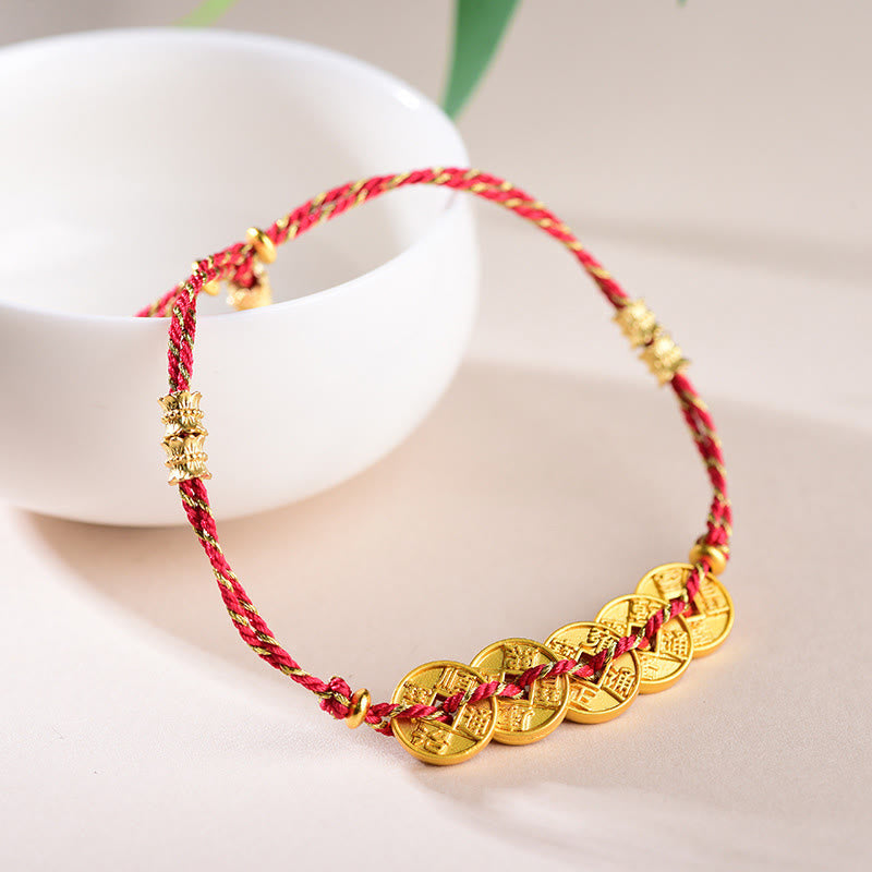 Bracelet en corde tressée à la main, Buddha Stones, de pièces des Cinq Empereurs et d'une balance en cuivre.  - image 1