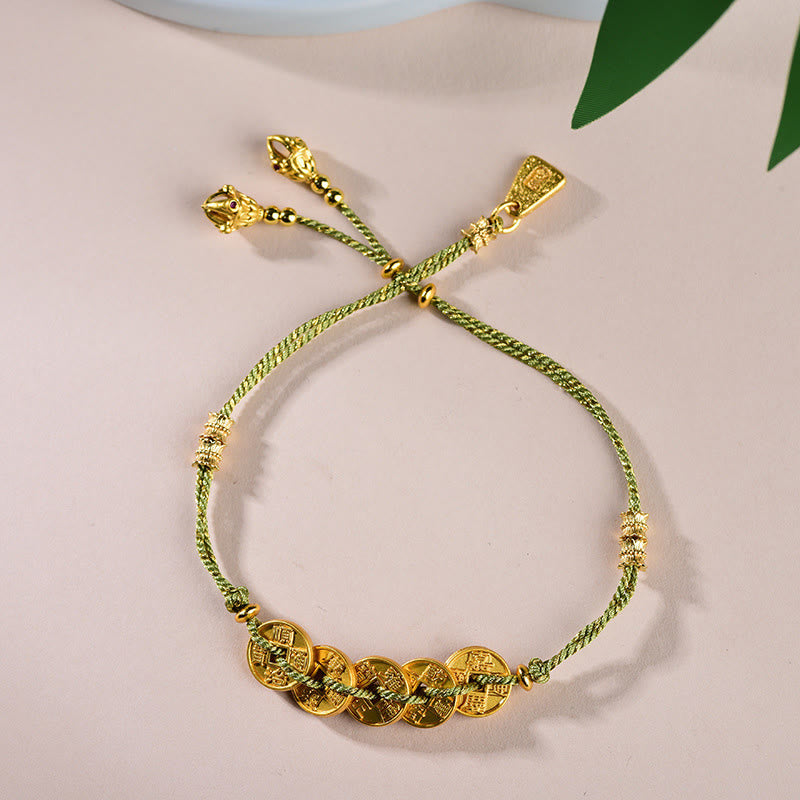 Bracelet en corde tressée à la main, Buddha Stones, de pièces des Cinq Empereurs et d'une balance en cuivre.  - Pièces vertes des Cinq Empereurs (Tour de poignet : 16-19 cm) - image 13