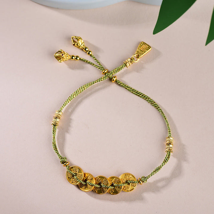 Bracelet en corde tressée à la main, Buddha Stones, de pièces des Cinq Empereurs et d'une balance en cuivre.  - Pièces vertes des Cinq Empereurs (Tour de poignet : 16-19 cm) - image 13