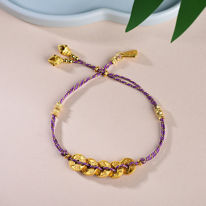 Bracelet en corde tressée à la main, Buddha Stones, de pièces des Cinq Empereurs et d'une balance en cuivre.  - Pièces violettes des Cinq Empereurs (Tour de poignet : 16-19 cm) - image 15
