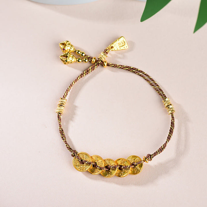 Bracelet en corde tressée à la main, Buddha Stones, de pièces des Cinq Empereurs et d'une balance en cuivre.  - Pièces de monnaie brunes des Cinq Empereurs (Tour de poignet : 16-19 cm) - image 16