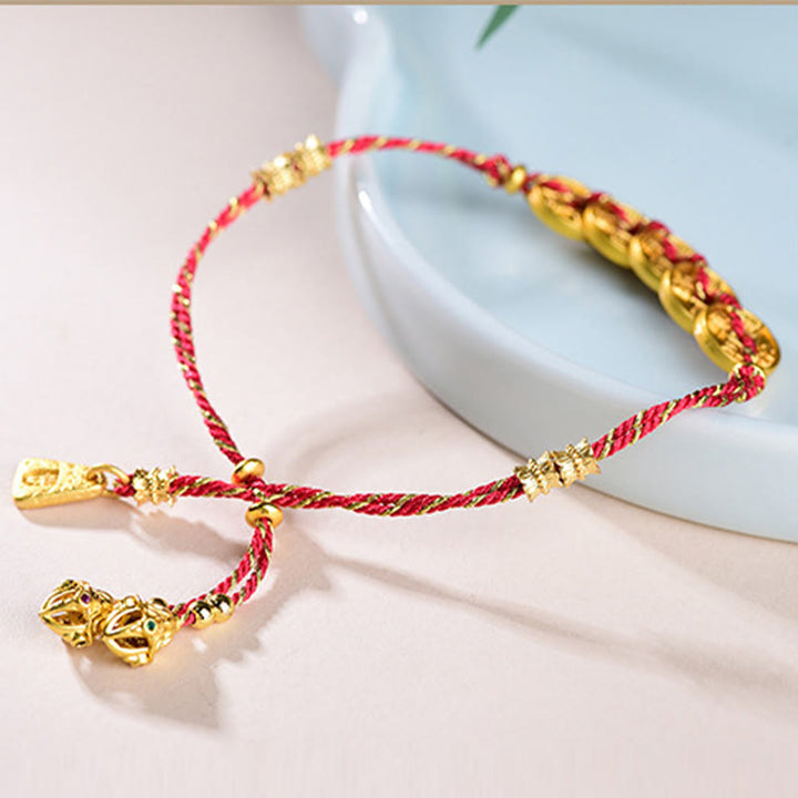 Bracelet en corde tressée à la main, Buddha Stones, de pièces des Cinq Empereurs et d'une balance en cuivre.  - image 3