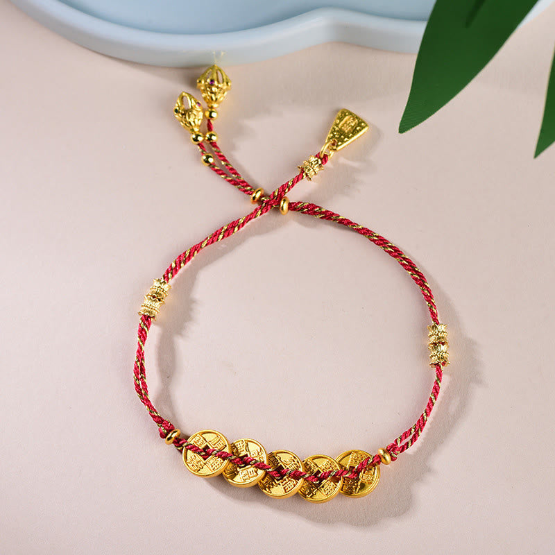 Bracelet en corde tressée à la main, Buddha Stones, de pièces des Cinq Empereurs et d'une balance en cuivre.  - image 2