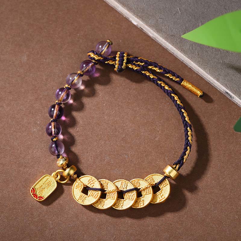 Bracelet porte-bonheur en cuivre, améthyste, cinabre, noir et rouge, orné de Buddha Stones et de pièces des Cinq Empereurs. - Cordon noir en cuivre et améthyste (Tour de poignet : 16-19 cm) - image 0
