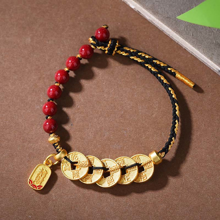 Bracelet porte-bonheur en cuivre, améthyste, cinabre, noir et rouge, orné de Buddha Stones et de pièces des Cinq Empereurs. - Corde en cuivre et cinabre noir (Tour de poignet : 16-19 cm) - image 18
