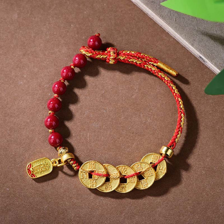 Bracelet porte-bonheur en cuivre, améthyste, cinabre, noir et rouge, orné de Buddha Stones et de pièces des Cinq Empereurs. - Corde en cuivre rouge cinabre (Tour de poignet : 16-19 cm) - image 0