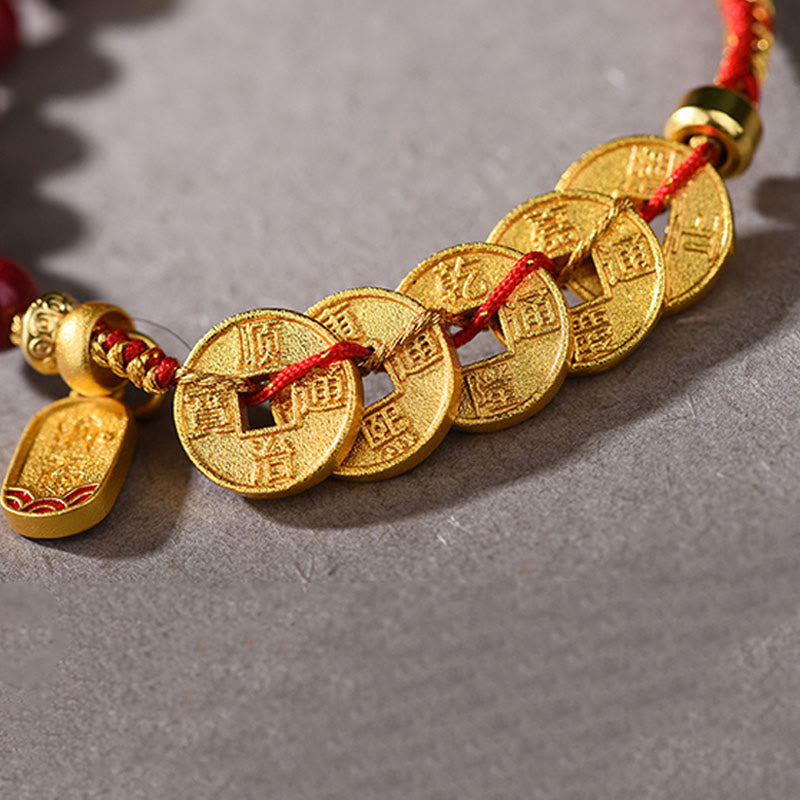 Bracelet porte-bonheur en cuivre, améthyste, cinabre, noir et rouge, orné de Buddha Stones et de pièces des Cinq Empereurs. - image 10