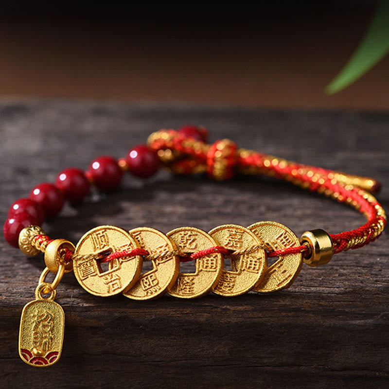 Bracelet porte-bonheur en cuivre, améthyste, cinabre, noir et rouge, orné de Buddha Stones et de pièces des Cinq Empereurs. - image 1